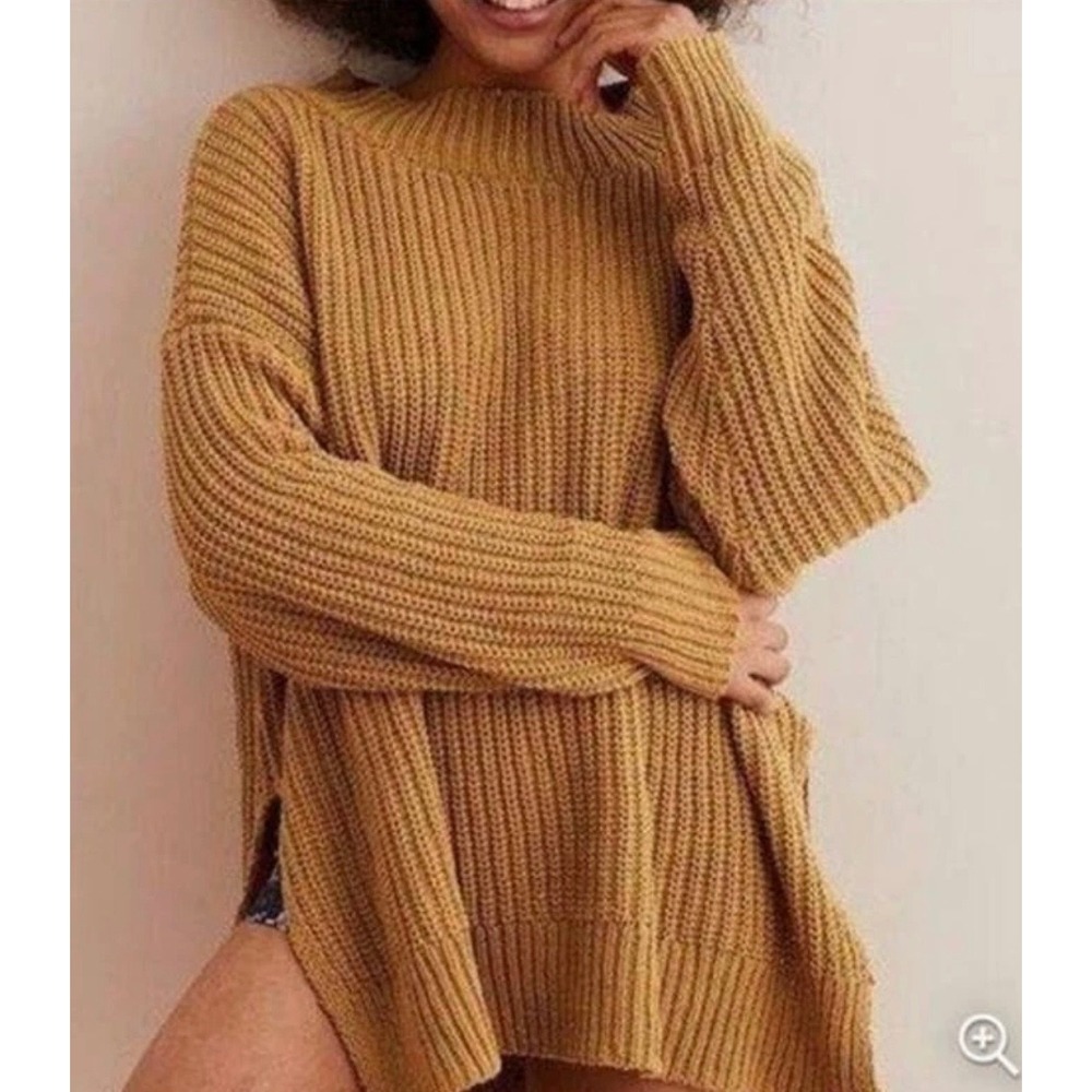 Aerie Mustard Yellow Chenille Oversized Mock Neck Sweater High Side Slit XS